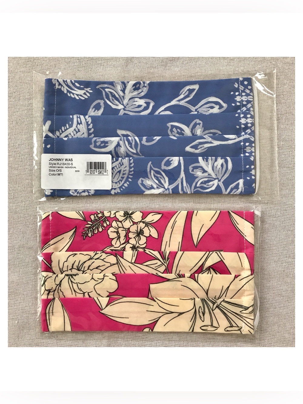Johnny Was NWT Duo Floral Cotton Face Masks Tropical Flowers Pink White & Blue